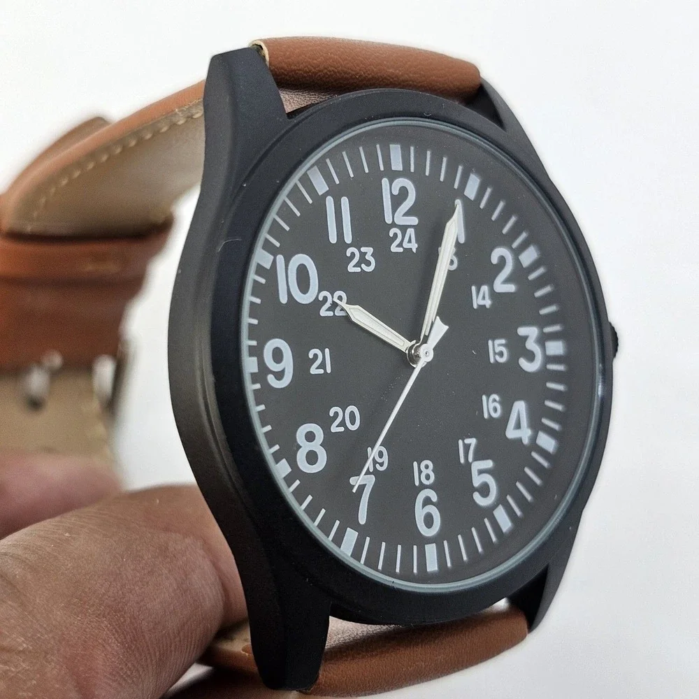 Field Men's Watch 42MM Easy Read Black Dial Black Case Brown Leather Band Straps